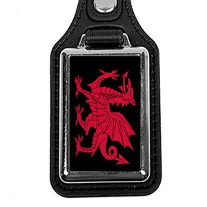 Welsh Dragon, Wales, Leather Keychain, Black