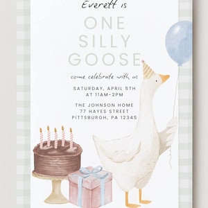 Convite de aniversário One Silly Goose - Download digital - Editável