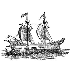 May include: Detailed black and white illustration of a sailing ship on the water. The ship has two masts with billowing sails and flags. The ship's hull features multiple openings and support beams extending into the water, suggesting a vintage or historical theme.