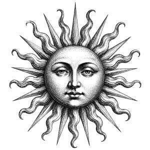 May include: A black and white line art illustration of a sun with a human face. The sun features a central circular face with detailed shading, surrounded by alternating straight pointed rays and wavy, flame-like rays extending outwards.