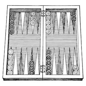 Puede incluir: Ilustración en blanco y negro de un tablero de backgammon. El tablero está dividido en dos mitades, cada una con puntas triangulares y fichas circulares. El tablero está articulado y parece cerrado.