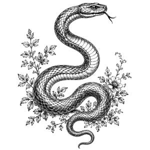 Può includere: Un'illustrazione a inchiostro in bianco e nero di un serpente avvolto a forma di S con la lingua fuori. Il serpente è circondato da dettagliati elementi botanici, tra cui piccole foglie e un fiore, realizzati in uno stile di incisione.