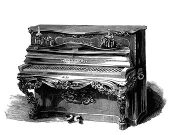 Sierlijke piano clipart, digitale download, antieke instrumentgravure, afdrukbare transparante achtergrond png-bestand