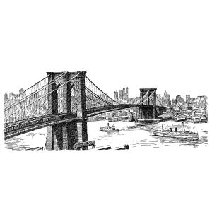 May include: A detailed black and white pen and ink drawing of the Brooklyn Bridge, showing its suspension structure. The image includes boats on the water and a city skyline in the background.