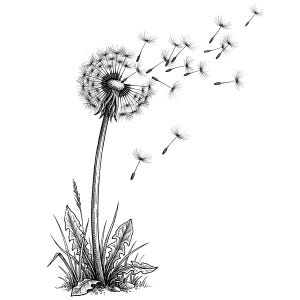 Puede incluir: Ilustración en blanco y negro de un diente de león con semillas volando. La planta está arraigada en la hierba, con sombreado detallado y líneas que crean un efecto realista. Representación botánica.