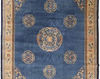 Antique Peking Chinese Art Deco Rug Handmade 9X12 Blue Rug 274cm x 348cm Rectangle Shape Rug Living Room Rug Circa 1920