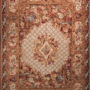 Vintage French Savonnerie Rug Wool Pile Aubusson Handmade 10X14 Beige Rug 305cm x 427cm Rectangle Shape Rug Living Room Rug