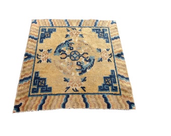 18th. Century Collector's Antique Fou Dog Art Deco Rug "Guardian Lions" Rare Chinese Ninghshia Rug Gold 2x2
