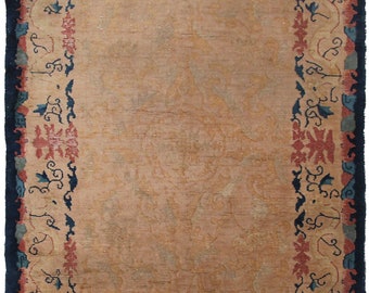 May include: A vintage rug with a beige background and a dark blue, red, and gray border. The border features a floral design with intricate details.