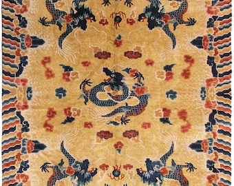 Antique Chinese Rug Ningshia Rare 5 Paw Dragon Antique Art Deco Rug 1920 6x9 193x274cm
