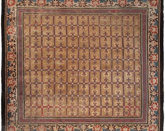 Pre-1900 10x10 Rare Antique Peking Ninghshia Art Deco Rug Chinese Beige Rug Handmade Chinese Rug Square Collector's piece 285x305cm 1860