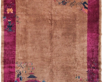 Antique Art Deco Rug Chinese Handmade Beige Walter Nichols 9x12 Purple Rug 277cm x 348cm Rectangle Shape Rug Living Room Rug Circa 1920