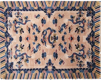Vintage Chinese Rug Ningshia Rare 5 Paw Dragon Art Deco Rug 5x8 153cm x 244cm Rare Beige Color Handmade Chinese Rug Chinese Art Deco