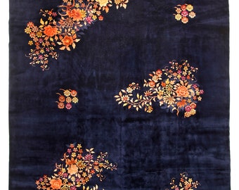Antique Art Deco Rug Handmade Fine Chinese Walter Nichols 12X17 Blue Rug 356cm x 521cm Rectangle Shape Rug Living Room Rug Circa 1920