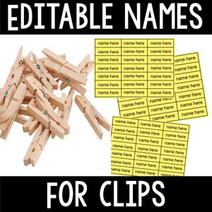 May include: A set of yellow editable name tags with the text "name here" printed on each tag. The tags are designed to be used with clothespins. The image also includes a pile of wooden clothespins.