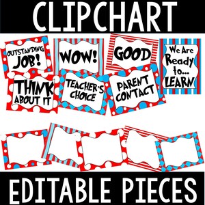May include: Editable clip chart pieces with red and blue stripes and polka dots. The text on the pieces includes "Outstanding Job!", "Wow!", "Good", "Think About It", "Teacher's Choice", "Parent Contact", and "We Are Ready to... Learn".