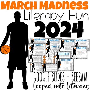 March Madness FUN literacy pages word search questions reading word scramble games basketball games