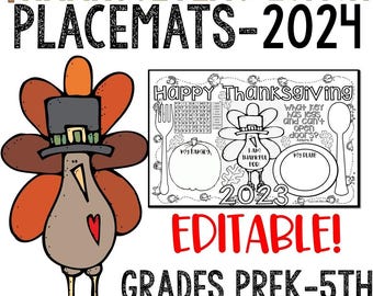2023 Thanksgiving placemats - 11" x 17" - editable - pre k 1st 2nd 3rd 4th 5th grade!