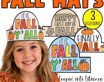 Fall Hats Printable, First Day of Fall Crowns, Autumn Headband Craft for Kids, Preschool Kindergarten Coloring Activity