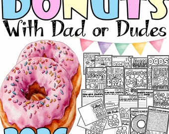 Donuts with Dad or Dudes Father's Day 2026 printables coloring pages writing pages cards word search maze