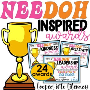 May include: A golden trophy and three award certificates with the text "NEEDOH INSPIRED awards". The certificates are for kindness, creativity, and leadership. The image also includes the text "24 awards" and "looped into literacy".