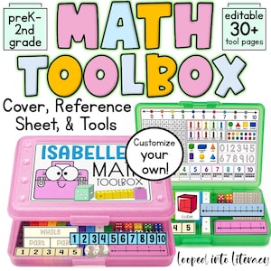 May include: A pink plastic pencil case and a green plastic pencil case, both open to display math learning materials. The cases feature labels with the text MATH TOOLBOX, ISABELLE'S MATH TOOLBOX, and Customize your own, alongside number lines, shapes, and counting blocks.