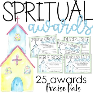 May include: Watercolor illustration featuring two churches and several award certificates. The certificates have titles like "Spirited Servant" and "Bible Boss." Text includes "Spiritual Awards" and "25 Awards Praise Pals."