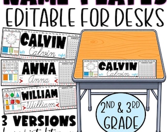 Editable Desk Name Plates, 2nd 3rd Grade Math Desk Helpers, Printable Student Name Tags, Back to School Classroom Decor