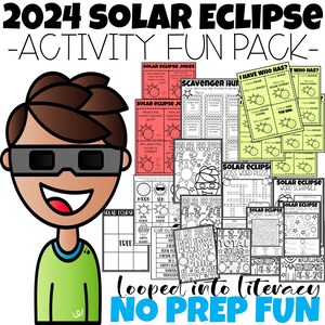 Puede incluir: Un paquete de actividades imprimibles colorido para niños con un niño de dibujos animados que lleva gafas de eclipse y varias hojas de trabajo con el texto "Eclipse solar 2024 - Paquete de actividades divertidas -" y "Inmerso en la alfabetización Diversión sin preparación".