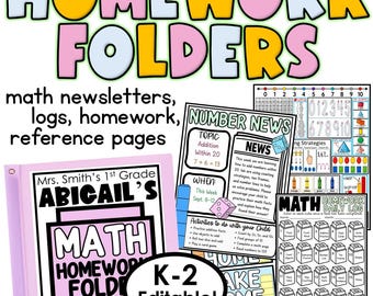 Editable Math Homework Folder | K-2 Take Home Folder Covers | Homework Helper | Kindergarten 1st 2nd Grade Printable Reference pages labels