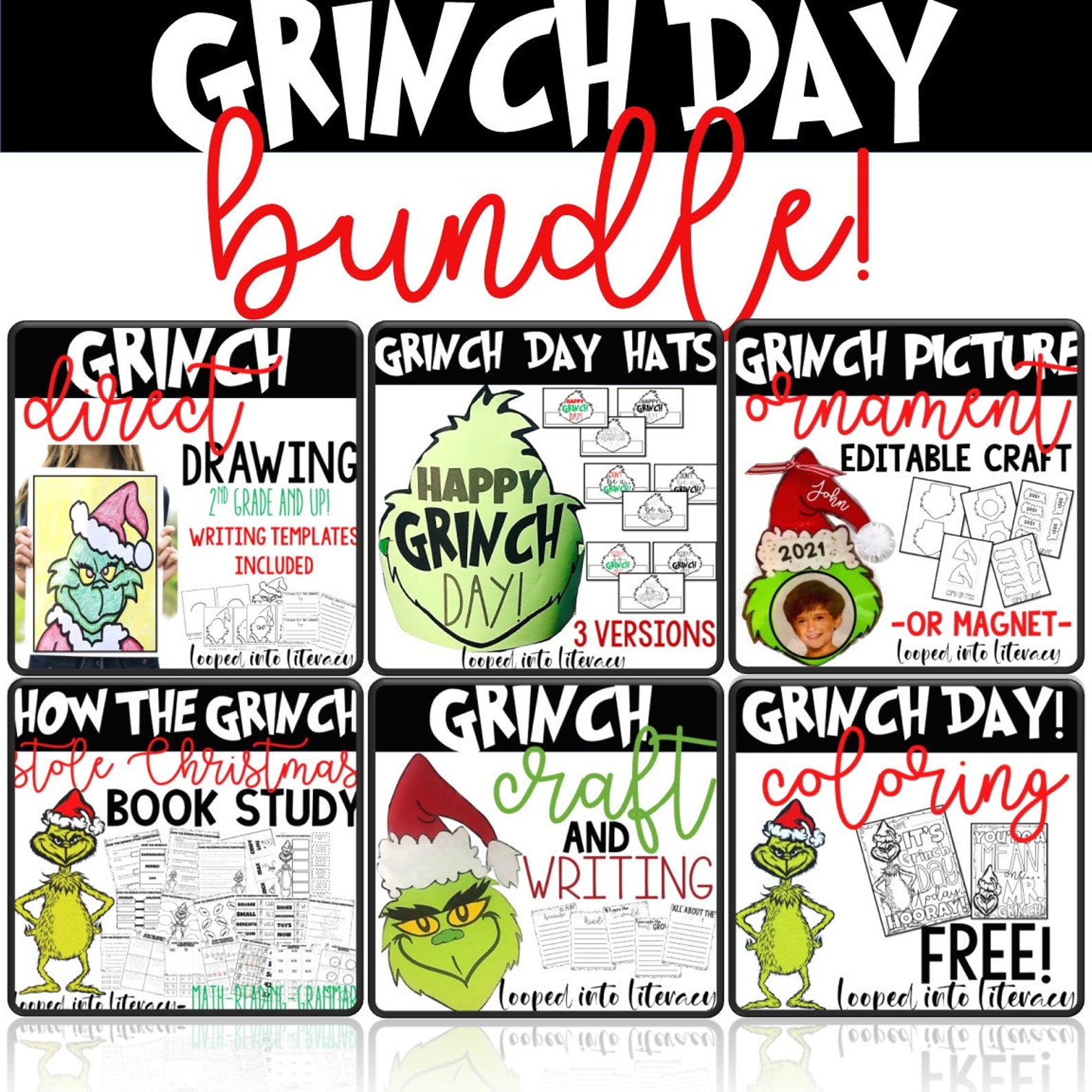 Grinch Riting GRINCH Day Bundle Ornaments Drawings Coloring Crafts Writing Hats Book ...
