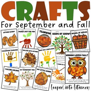 Puede incluir: Una colección de proyectos de manualidades con temática otoñal para septiembre, con imágenes de una ardilla, un balón de fútbol americano, una cesta de manzanas, un búho y más. Las manualidades incluyen arte de huellas de manos y hojas.
