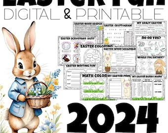 Easter Fun Pack games printables digital word search writing scavenger hunt coloring word scramble silly story cryptogram would you rather
