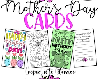 Mother's Day Muffins with Mom Foldable EASY cards writing flat cards envelopes 3 versions coloring color black and white