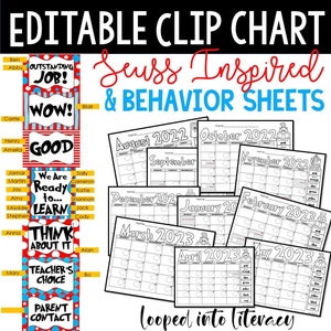 Dr. Seuss inspired clip chart and monthly behavior charts with editable options