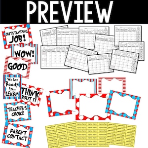 May include: A set of printable classroom decor featuring red and blue polka dots and stripes. The set includes motivational posters, blank frames, and name tags. The posters feature phrases like "Outstanding Job!" and "Think About It".