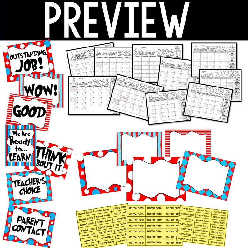 May include: A set of printable classroom decor featuring red and blue polka dots and stripes. The set includes motivational posters, blank frames, and name tags. The posters feature phrases like "Outstanding Job!" and "Think About It".