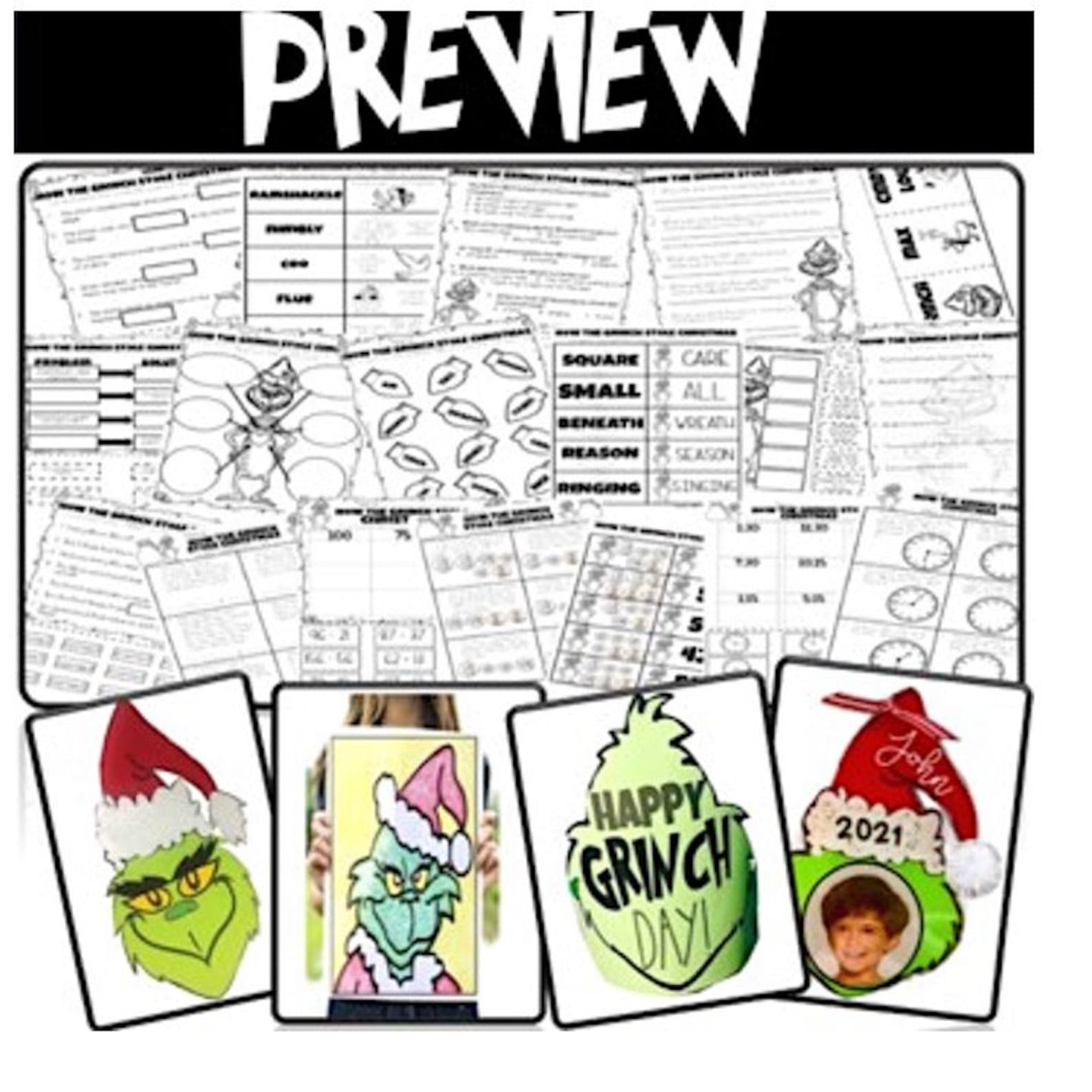 Grinch Riting GRINCH Day Bundle Ornaments Drawings Coloring Crafts Writing Hats Book ...