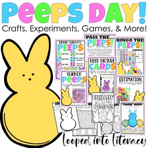 May include: A colorful printable pack of educational activities for kids featuring the popular marshmallow candy Peeps. The pack includes games, crafts, science experiments, and literacy activities. The activities are themed around Easter and feature images of Peeps.