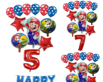 Super Mario-verjaardagsballonnen: folienummer, sterren en latexset