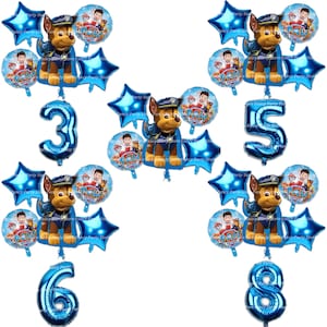 Globos de cumpleaños de Chase de la Patrulla Canina, número y estrella en azul metalizado