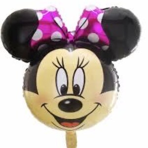 Pu&ograve; includere: Un palloncino in alluminio a forma di testa di topo dei cartoni animati con grandi orecchie nere e un fiocco rosa acceso con pois bianchi. Il viso &egrave; beige chiaro con occhi neri, ciglia, naso nero e una bocca larga e sorridente.