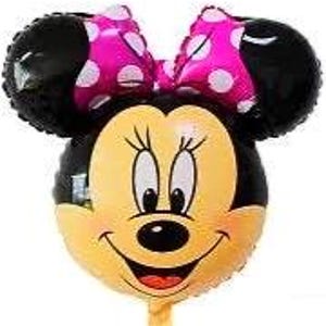 Pu&ograve; includere: Un palloncino in alluminio a forma di testa di topo dei cartoni animati con orecchie nere, viso color crema e un fiocco rosa acceso con pois bianchi. Il personaggio ha grandi occhi neri, ciglia lunghe e una bocca sorridente. Testo: DiGiShi.