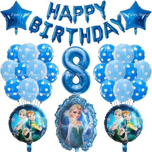 Puede incluir: Decoraciones de globos azules y blancos para una fiesta de cumplea&ntilde;os de 8 a&ntilde;os. Los globos incluyen una pancarta de Feliz Cumplea&ntilde;os, un globo grande con el n&uacute;mero 8 y globos m&aacute;s peque&ntilde;os con lunares. Tambi&eacute;n hay dos globos de aluminio con personajes de la pel&iacute;cula Frozen.