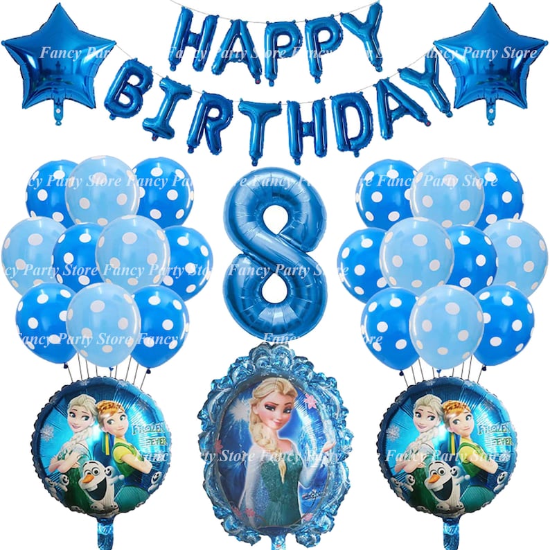 Puede incluir: Decoraciones de globos azules y blancos para una fiesta de cumplea&ntilde;os de 8 a&ntilde;os. Los globos incluyen una pancarta de Feliz Cumplea&ntilde;os, un globo grande con el n&uacute;mero 8 y globos m&aacute;s peque&ntilde;os con lunares. Tambi&eacute;n hay dos globos de aluminio con personajes de la pel&iacute;cula Frozen.