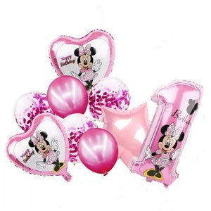 Pu&ograve; includere: Palloncini di compleanno a tema Minnie Mouse rosa e bianchi con coriandoli e il numero uno. I palloncini dicono "Buon compleanno!"