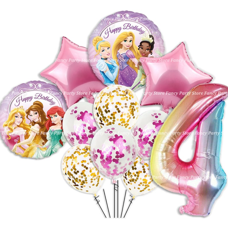 May include: A selection of birthday balloons featuring Disney princesses. The set includes star-shaped and round foil balloons, along with clear balloons filled with gold and pink confetti. A large number 4 balloon is also included.