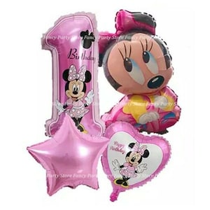 May include: A set of four foil balloons including a large pink number one balloon with a cartoon mouse graphic, a large cartoon mouse character balloon, a solid pink star-shaped balloon, and a heart-shaped balloon with a cartoon mouse graphic.