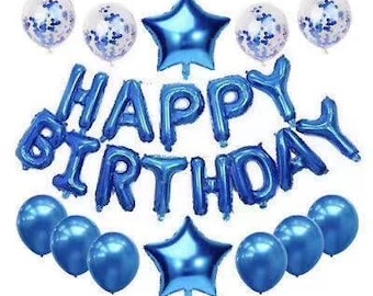 Royal Blue Happy Birthday Balloon Banner Kit | Inflatable 16" Foil Letters Party Decoration Set | Blue Confetti & Star Balloons Garland Pack