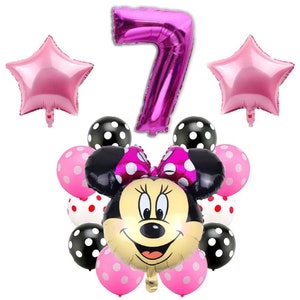 Pu&ograve; includere: Palloncini rosa e neri a pois con un palloncino rosa con il numero 7 e un palloncino Minnie Mouse rosa con pois neri.